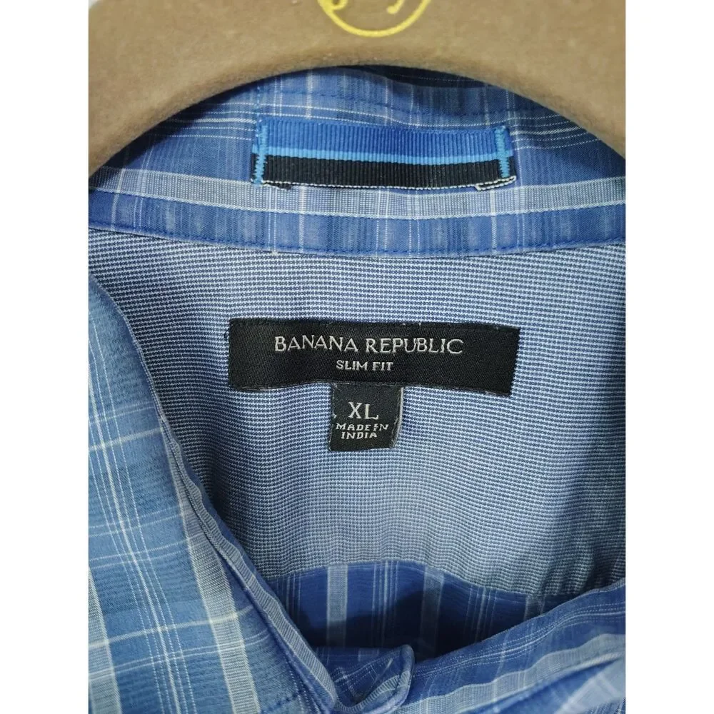 Banana Republic Slim Fit Blue Plaid Stretch Button Down Shirt Men's XL